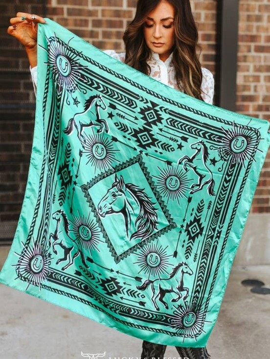 Lucky & Blessed Accessories - NEW Mint Aztec Arrow And Horse Printed Wild Rag Scarf